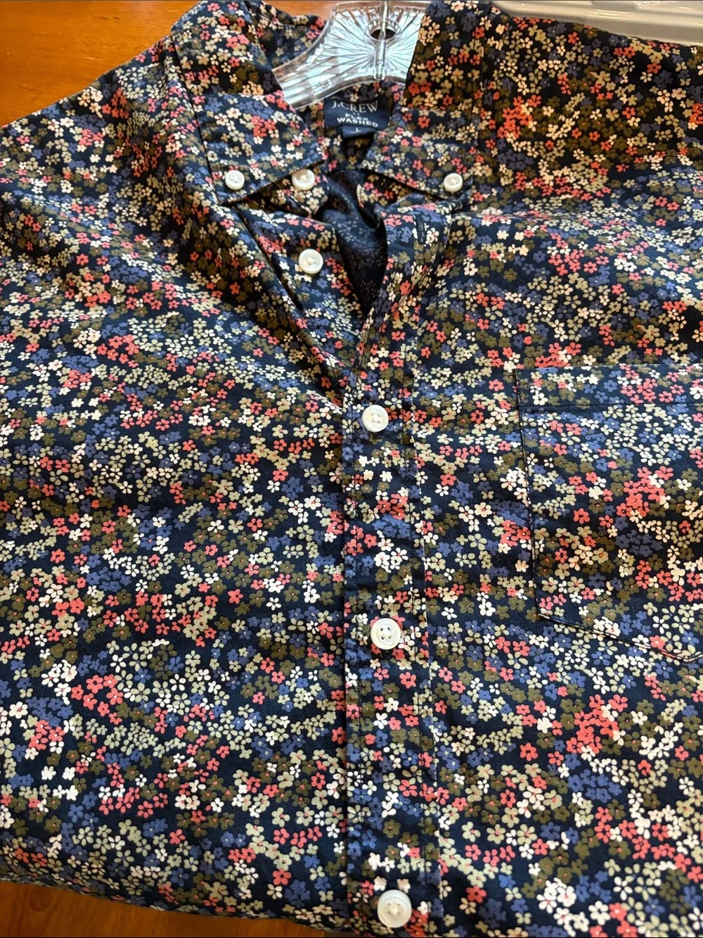 J. Crew Black/Floral Classic Flex Washed Button-Up Short Sleeve Shirt, Sz L
